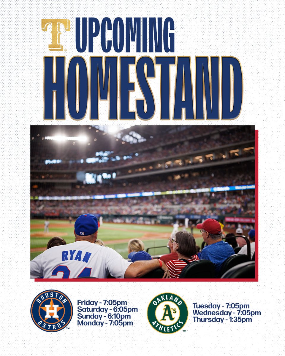 THE BOYS ARE BACK 👏 Don't miss this upcoming homestand where the @Rangers take on the @Astros and @Athletics! 🎟️: l8r.it/zId3 #StraightUpTX