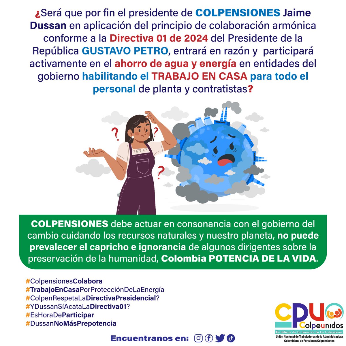 colpeunidos's tweet photo. Según información @CaracolTV son más de 600 entidades públicas con teletrabajo @petrogustavo El gobierno del cambio lo establece como una alternativa @dussanja No solo favorece el ahorro de agua y luz @elespectador también es calidad de vida en @Colpensiones @MintrabajoCol https://t.co/3u6PBibhhQ