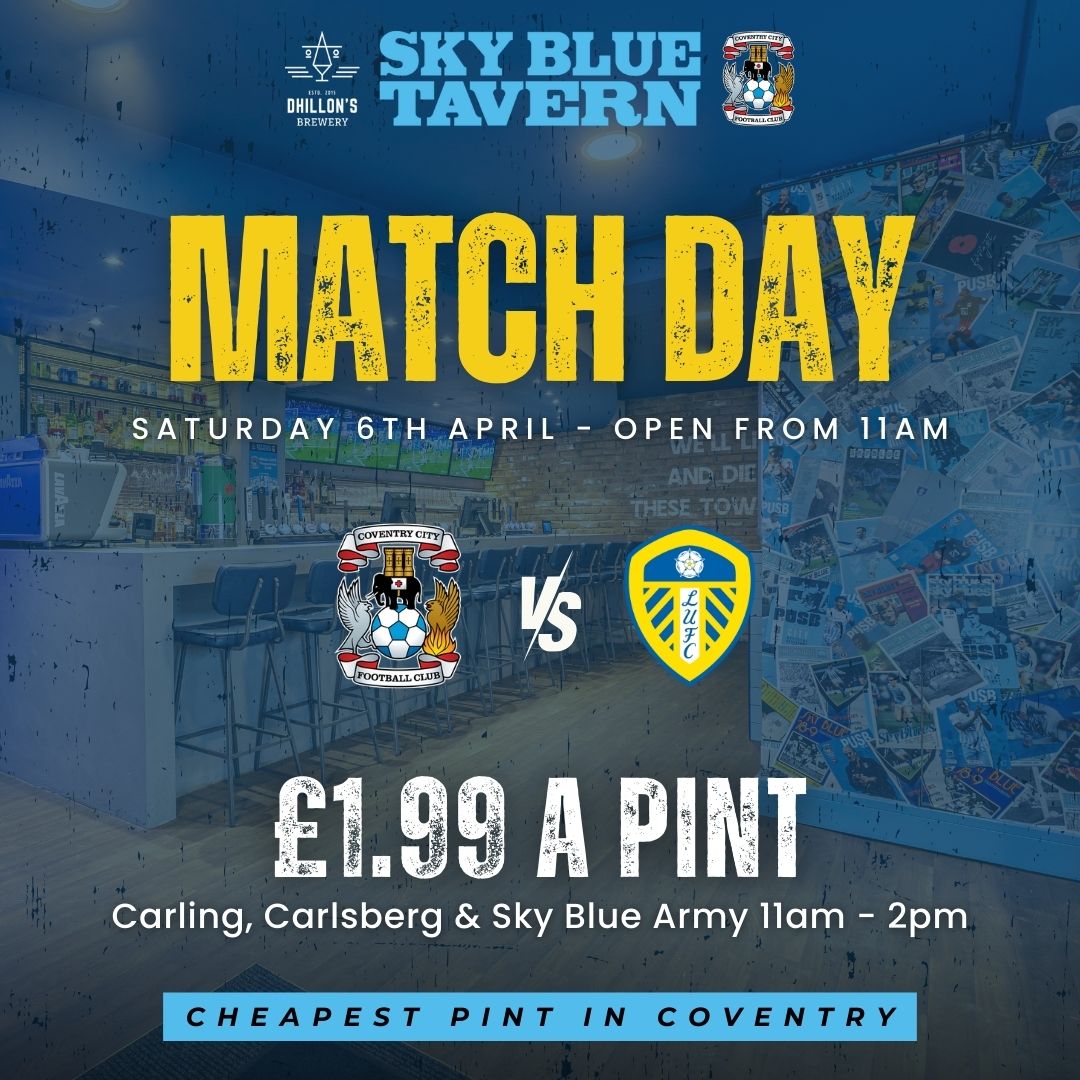 Join us pre game this Saturday 6th for the Coventry vs Leeds game! Bookings advised but walk-ins welcome. Last few seats available on the shuttle to bus now! Book a table 🍽 opentable.co.uk/r/sky-blue-tav… Shuttle bus 🚌 eventbrite.co.uk/e/sky-blue-tav…