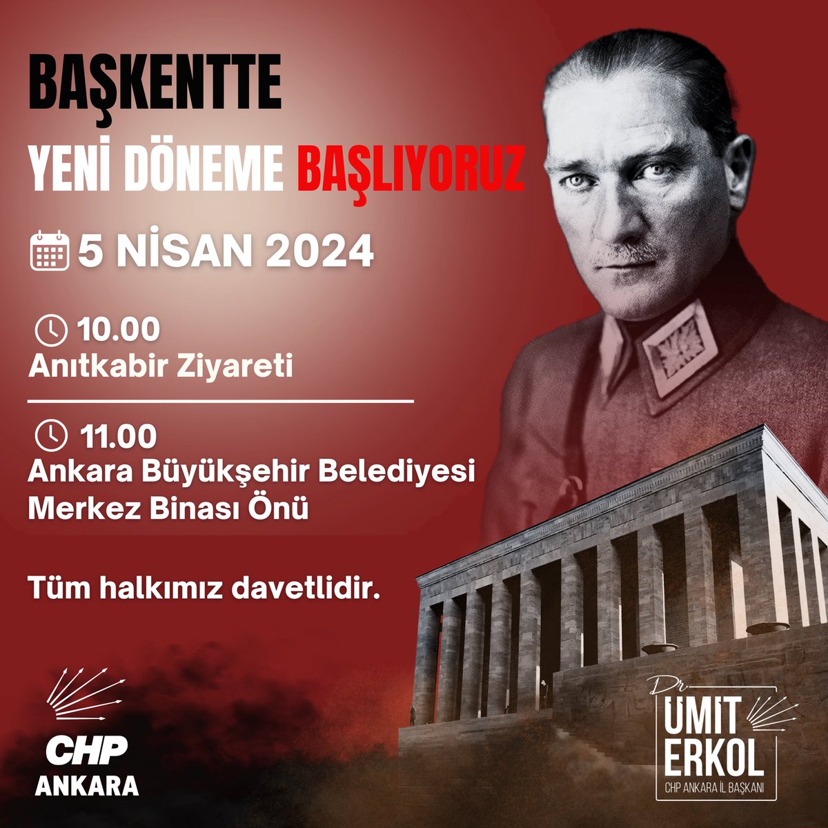 BAŞKENTTE YENİ DÖNEME BAŞLIYORUZ 🇹🇷 🗓️ 5 Nisan 2024 (Cuma) ⏰ 10:00 📍 Anıtkabir Ziyareti ⏰ 11:00 📍 Ankara Büyükşehir Belediyesi Merkez Binası Önü #AzLafÇokİş #İşimizGücümüzAnkara #aşkımızbAŞKent