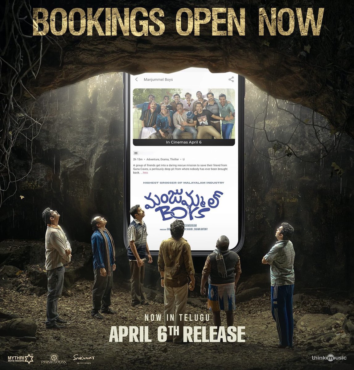 The wait is over 💥💥 #ManjummelBoys (Telugu) Bookings are now open ❤️‍🔥 Grand release on April 6th in #ShivaTheatre Bellary Book your tickets now @bookmyshowin @mythriofficial @thinkmusicofficial