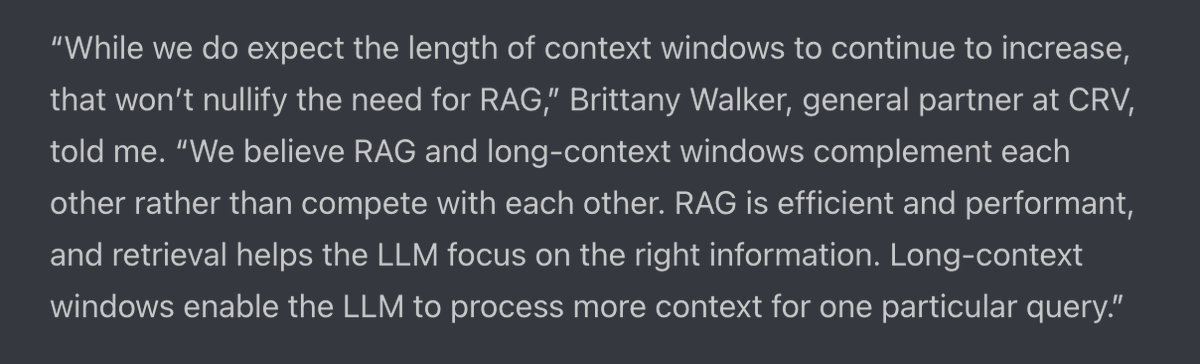 Vector databases are not going away. Large context windows and RAG co-exist, and the way they interact is actually MEMORY. Increasingly you're going to need structured representations of knowledge/info that you build into your workflow and insert into the context window, drawn…