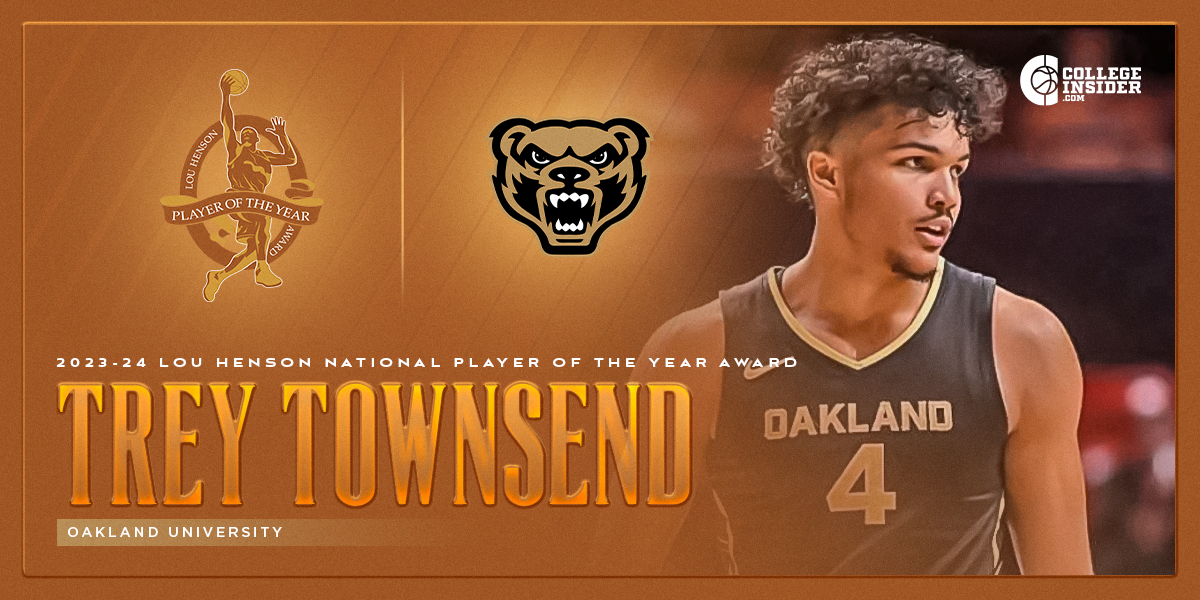 April 4, 2024 PHOENIX, AZ -- Oakland University’s Trey Townsend is the recipient of the 2024 Lou Henson National Player of the Year award have been announced, which is presented annually to the top player in mid-major college basketball. Press Release: collegeinsider.com/2024/2024LouHe……