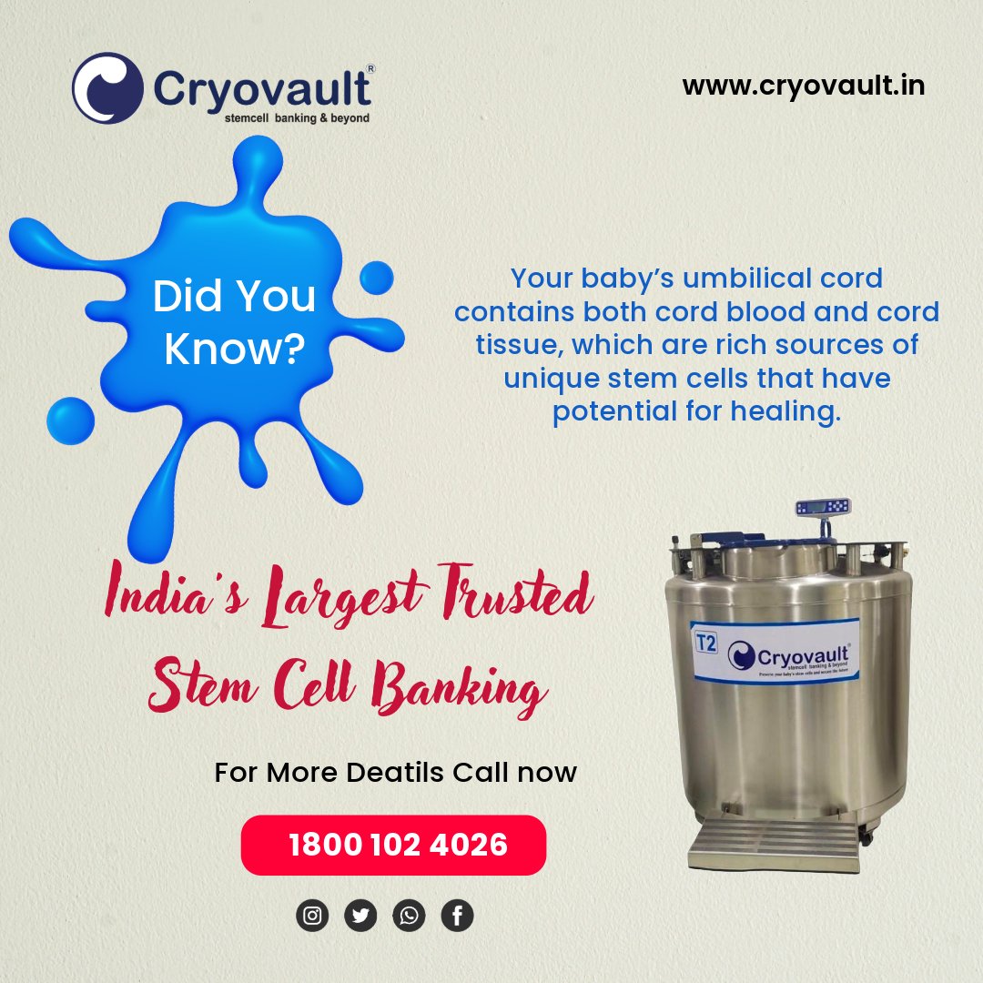 Your baby’s umbilical cord contains both cord blood and cord tissue, which are rich sources of unique stem cells that have potential for healing. Call Now:- 18001024026 Visit:- cryovault.in #cryovault #insurance #family #cordblood #stemcellbanking #stemcelltreatment