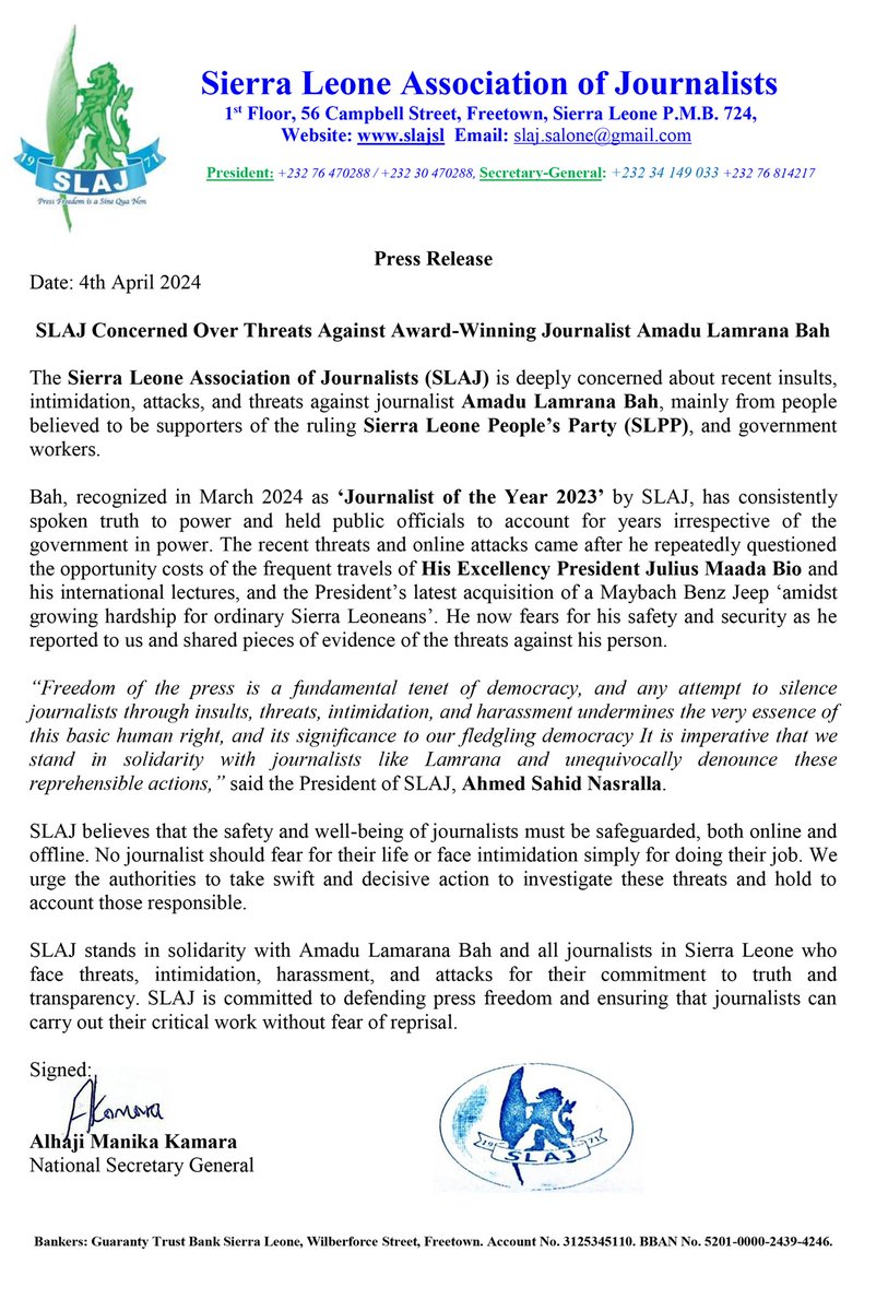 Press Release Date: 4th April 2024 SLAJ Concerned Over Threats Against Award-Winning Journalist Amadu Lamrana Bah facebook.com/photo/?fbid=73… @CPJAfrica @USEmbFreetown @EUinSierraLeone @UKinSierraLeone @IrlEmbFreetown @Mrcgsl @TheMFWA @IFJAfrica @MoiceComm @Cee_Bah