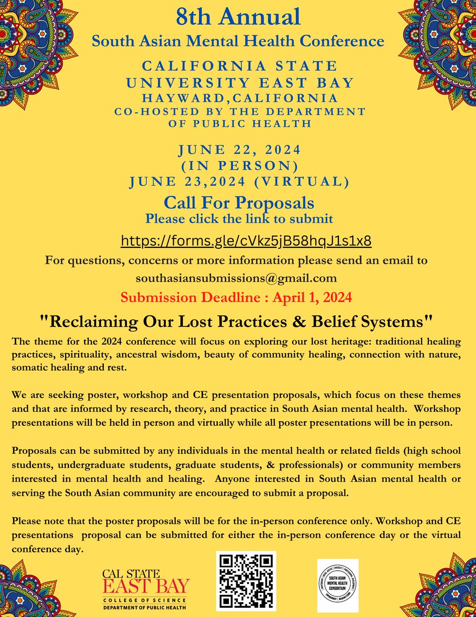 Calling all South Asian Mental Health advocates, consider submitting a proposal :South Asian Mental Health Conference. forms.gle/cVkz5jB58hqJ1s… @DoSAAonline @TeamSOUDA @SikhYourMind @SALDEF @southasianther1 @SouthAsian_MH @SAPHAinfo @AAPAonline @desirainbow1 @SahajKohli @NIMHgov