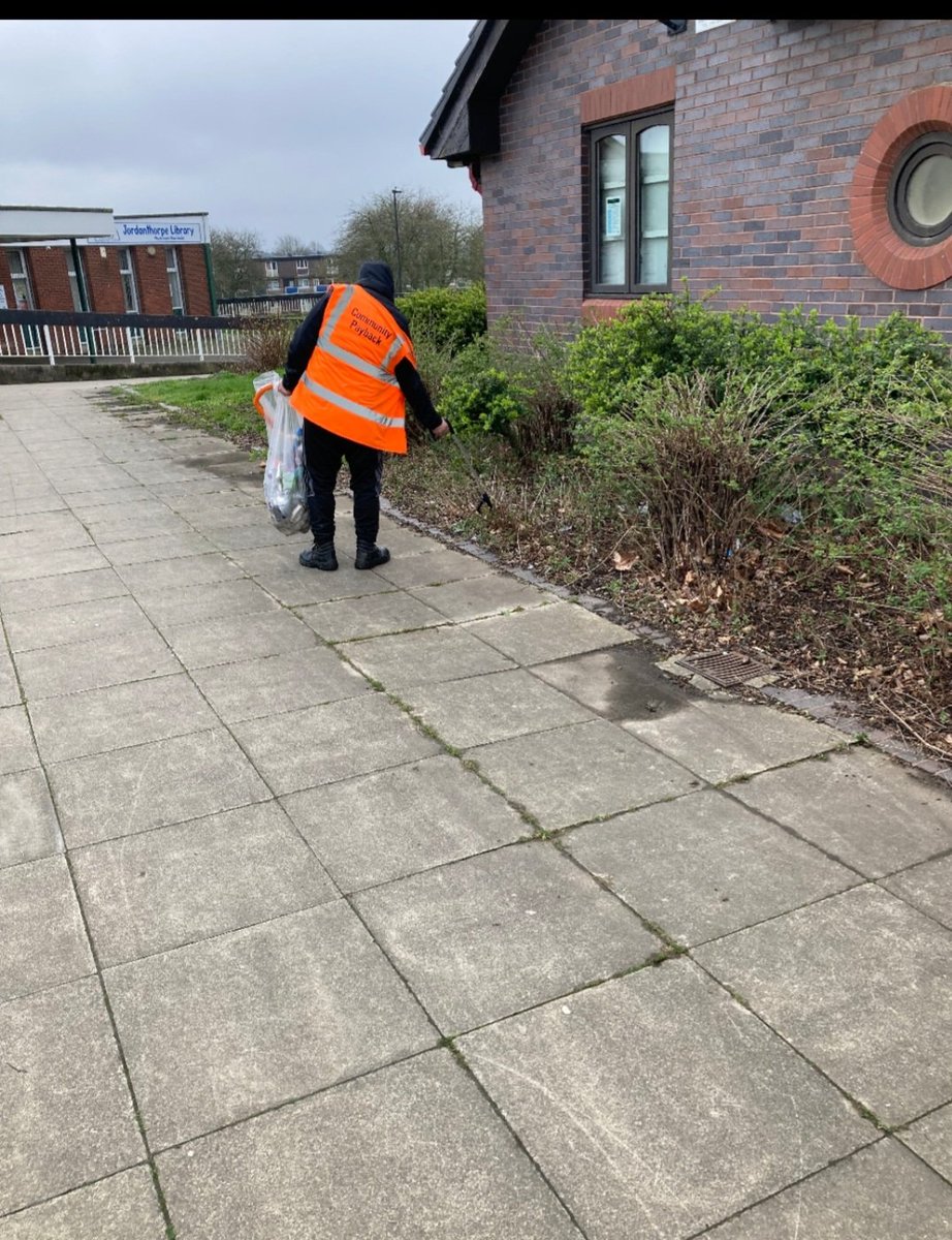 People on probation back at Jordanthorpe Sheffield under the guidance of supervisor Glen preparing for paint at the local shopping centre. Removing graffiti and litter pick .