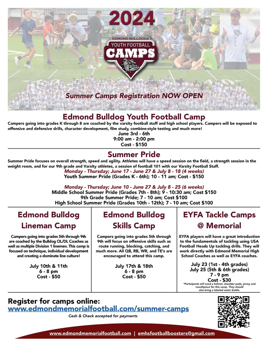 We have added information and registration for the EYFA Tackle Camps @ Memorial to our fliers and Summer Camps webpage. Be sure to get your youth, middle school or high school player registered for one or more of our summer camps ASAP! #GoDogs edmondmemorialfootball.com/summer-camps