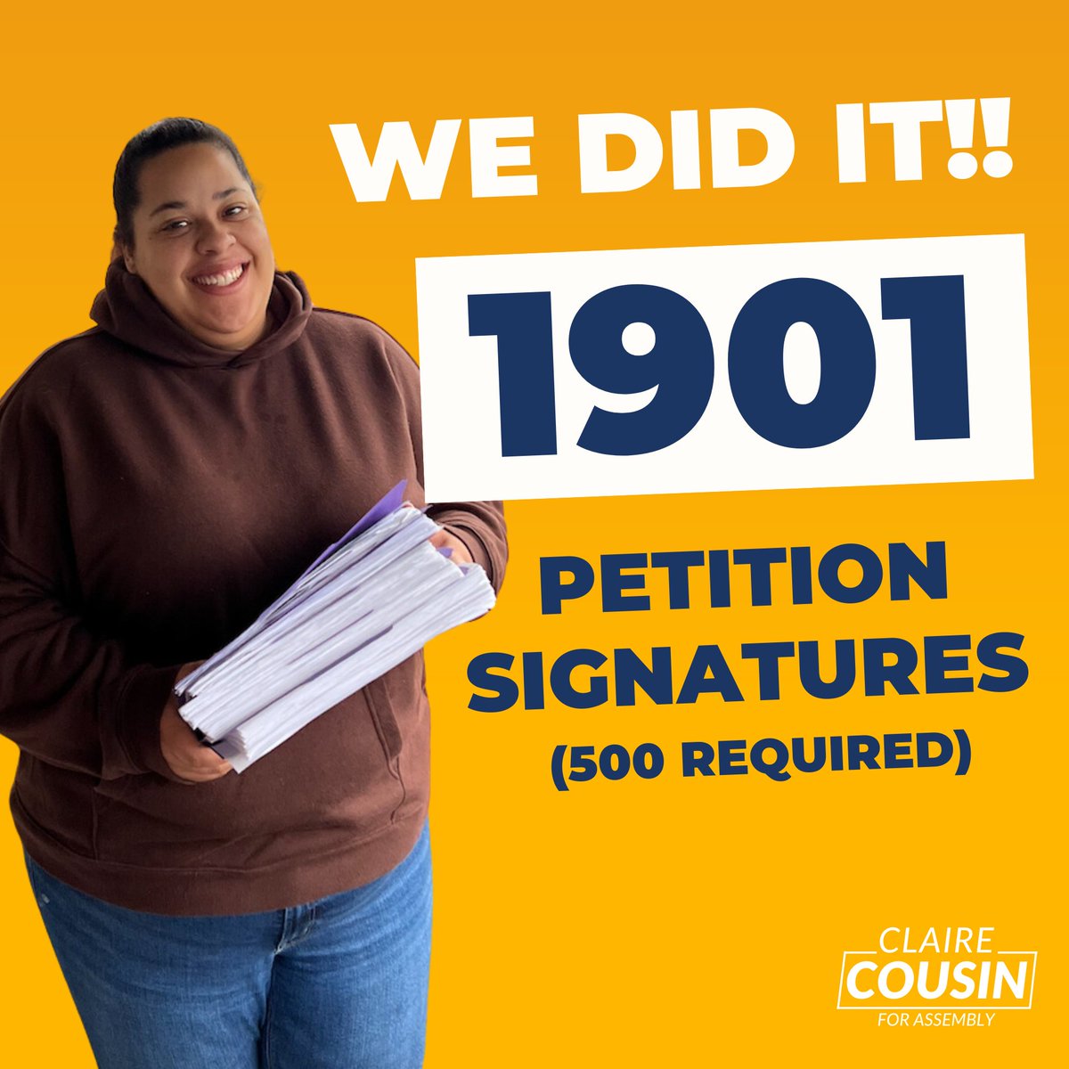 We CRUSHED our goal and submitted 1901 signatures to the Board of Elections to get on the ballot!! 🔥 Will you help us keep up the momentum by making a donation so we can reach our $5000 fundraising goal by April 8? ➡️ clairecousinforassembly.com/donate