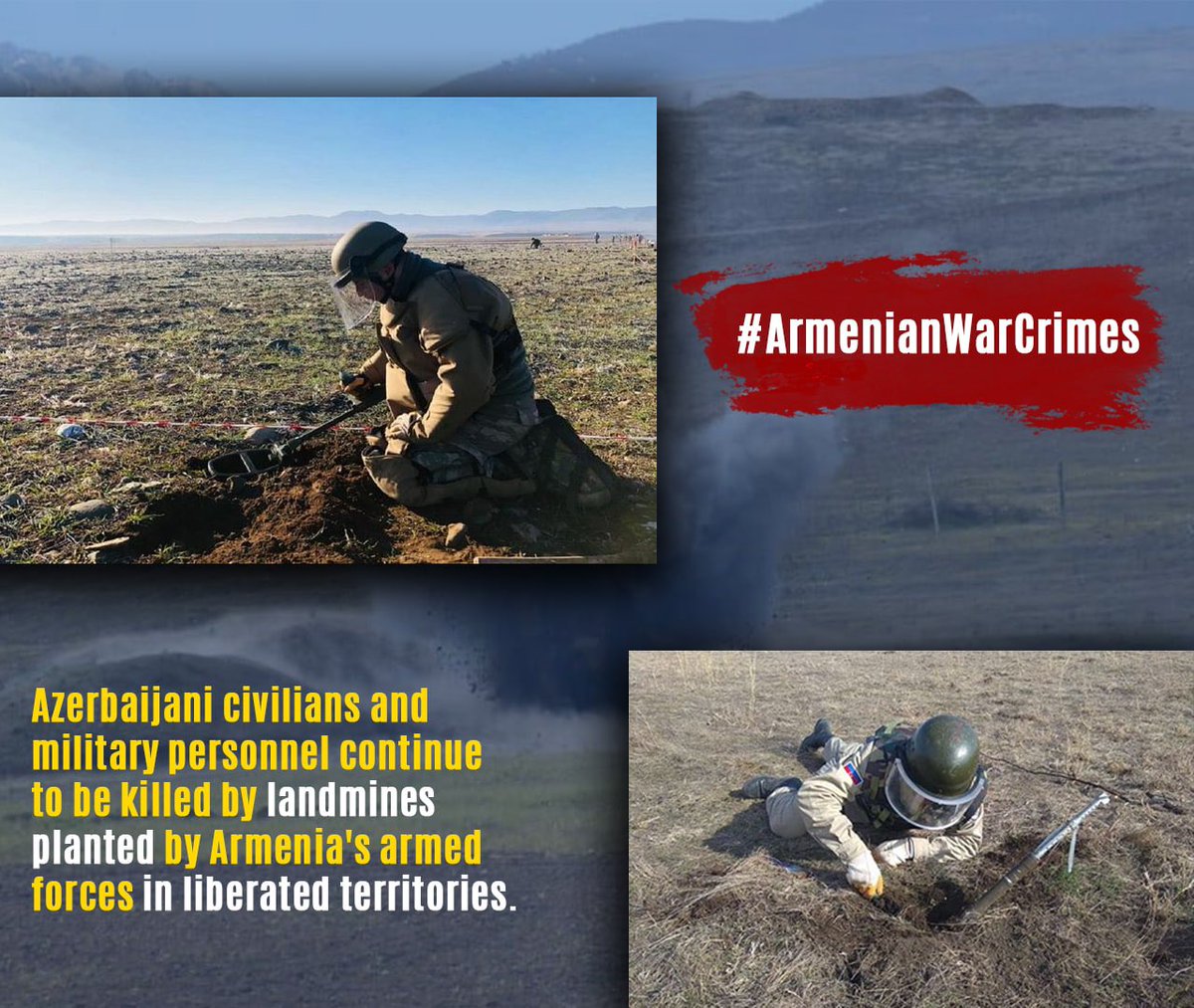 🚨 For 30 years, our lands were hidden battlefields, filled with millions of silent threats by #Armenia. #Landmines, left by the occupation, continue to claim innocent lives in #Azerbaijan. 
❗️Each step in our soil must be a step towards #peace, not peril. #MineAwarenessDay