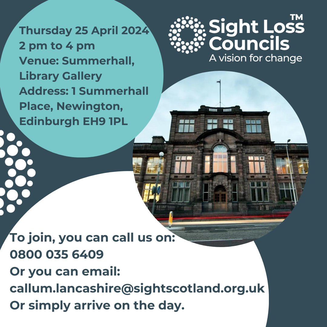 Sight Loss Councils, delivered in Scotland by Sight Scotland, Sight Scotland Veterans and @VisibilityScot and funded by @PocklingtonHub, are regional groups led by blind and partially sighted volunteers. Our first events are in Edinburgh 25 April and Glasgow 30 April.