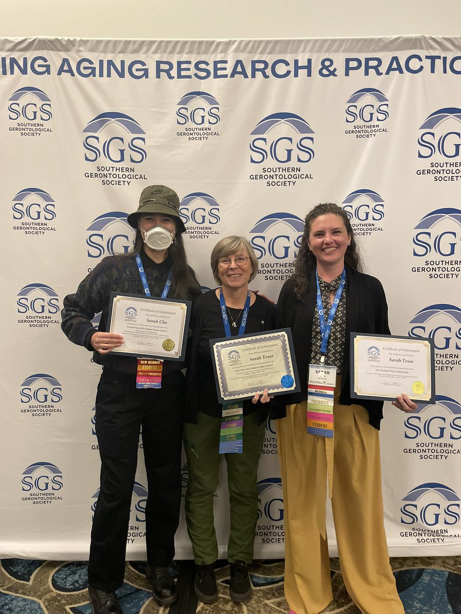 BrownDace's tweet photo. Thursday at SGS is exciting too!! Sarah Tesar and Sarah Cho both won student paper and poster awards, respectively, for their research work!!! They have an amazing mentor in Dr. Cynthia Hancock- @unccharlotte #sgsrocks #futuregerontologists #gerontology #agingresearch #aging https://t.co/Ugn3NhUXh4