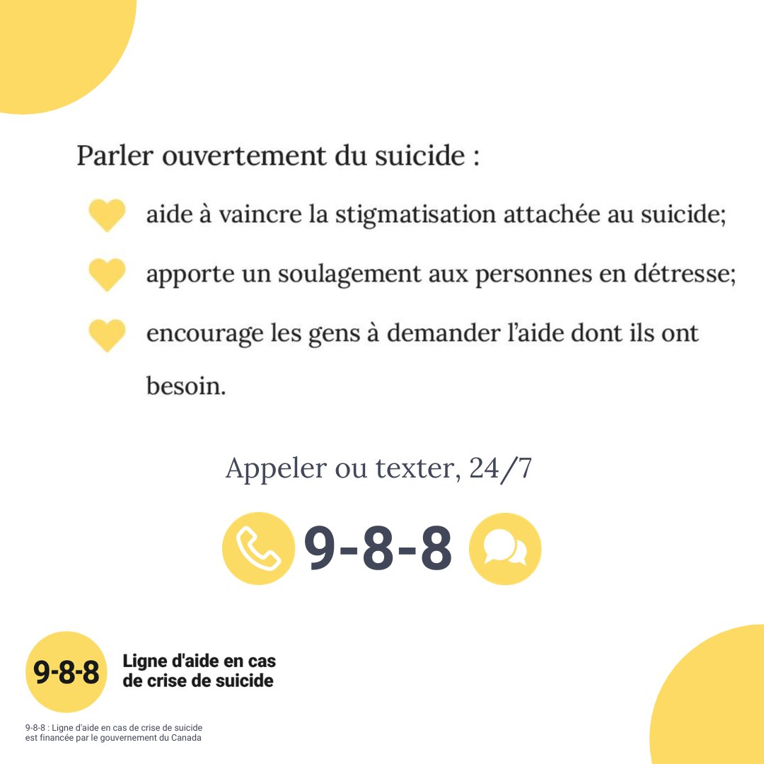 Si nous voulons créer de vrais changements, nous croyons qu’il est important de parler ouvertement du suicide. Apprenez les faits : 988.ca/fr/comprendre-…