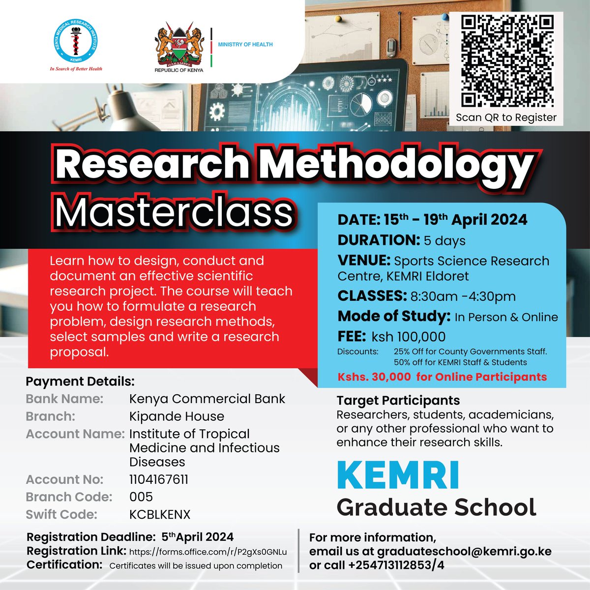 📢Registration deadline for the Research Methodology Masterclass organized by the KEMRI Graduate School is TOMORROW 5|04|24 🔗Register: forms.office.com/pages/response… #Researchmethodology #capacitybuilding