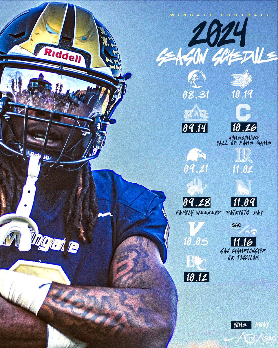 Mark your calendars! The 2024 @WingateFb schedule is set! 6 home games for the ‘Dogs this fall! Family Weekend Sept. 28; Homecoming Oct. 26 #OneDog