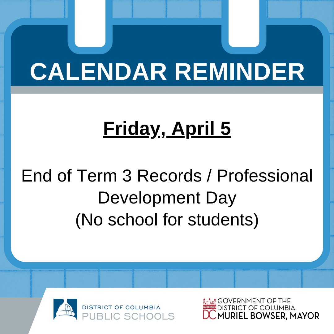 🗓️ Calendar Reminder🗓️ Friday, April 5 is the End of Term 3 and a Records/Professional Development Day for educators. There will be no school for students on Friday. Enjoy the long weekend! We will look forward to welcoming students back on Monday, April 8! 💙