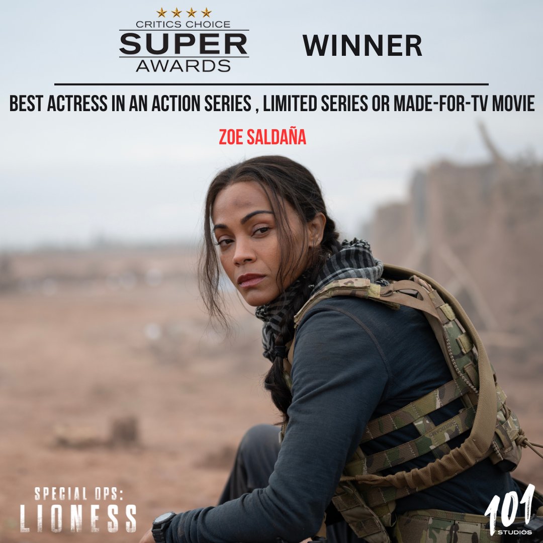 101StudiosCo's tweet photo. And the results are in! Congratulations to Zoe Saldaña for winning the Critics Choice Super Award for Best Actress in an Action Series, Limited Series or Made-For-TV Movie 🥂 🏆 🎭
#CCSuperAwards #SpecialOpsLioness #101studios #Paramount+ https://t.co/jiR5YarMb6