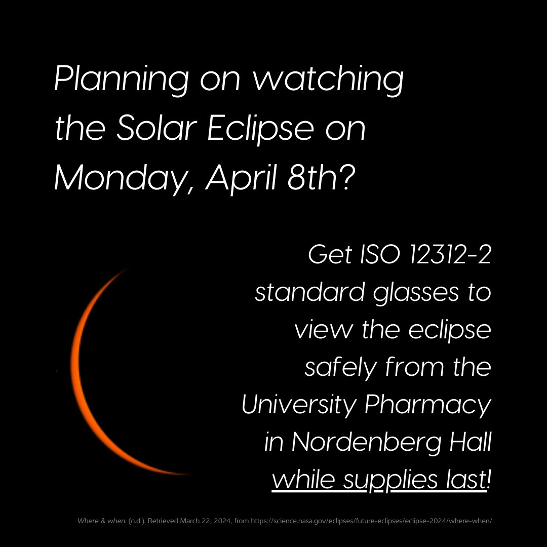 SHSPitt's tweet photo. Caption: 🌞🕶️ Ready to witness the total solar eclipse in style? 😎 Score your eclipse glasses WHILE SUPPLIES LAST from the University Pharmacy and watch the celestial spectacle safely on April 8th! 🌑✨ Don't miss out on this rare opportunity!🌟 https://t.co/CtAblruyZS