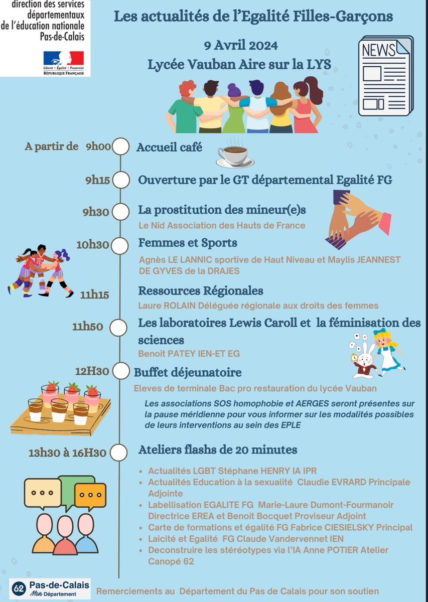 J-5 Vous êtes prêt(e)s 🤔? 
Le séminaire départemental 🚻<a href="/dsden62/">DSDEN du Pas-de-Calais</a> #EgaliteFG au lycée Vauban #airesurlalys 130 inscrits
Un programme chargé avec des invité(e)s déterminé(e)s à partager avec nous leurs expertises
Hâte de vous y retrouver! 
Merci <a href="/pasdecalais62/">pasdecalais62</a>  pour son soutien