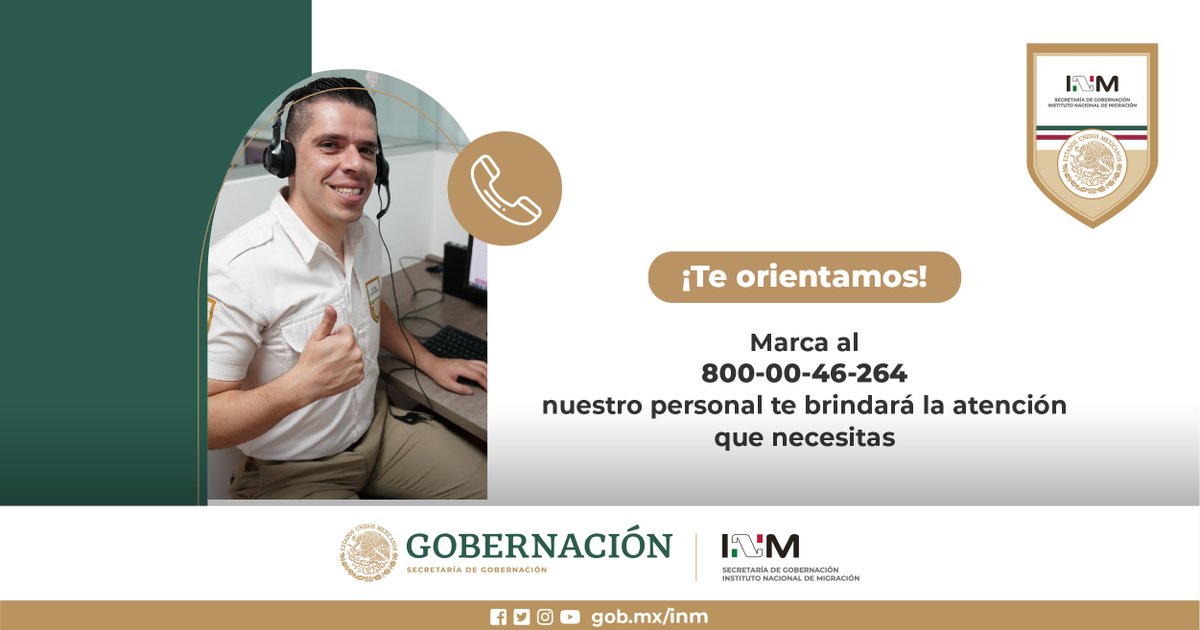 Marca a nuestro #CentrodeAtenciónTelefónica para conocer los requisitos de nuestros trámites migratorios 📞800 0046264. #INM #México 🇲🇽