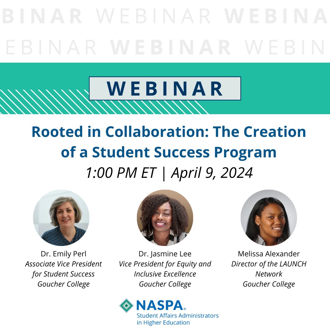 Rooted in Collaboration: The Creation of a Student Success Program NASPA WEBINAR April 9 | 1:00 PM ET Join us as we unveil the story behind Goucher College's LAUNCH Network. Register here: bit.ly/3J5Vmwk