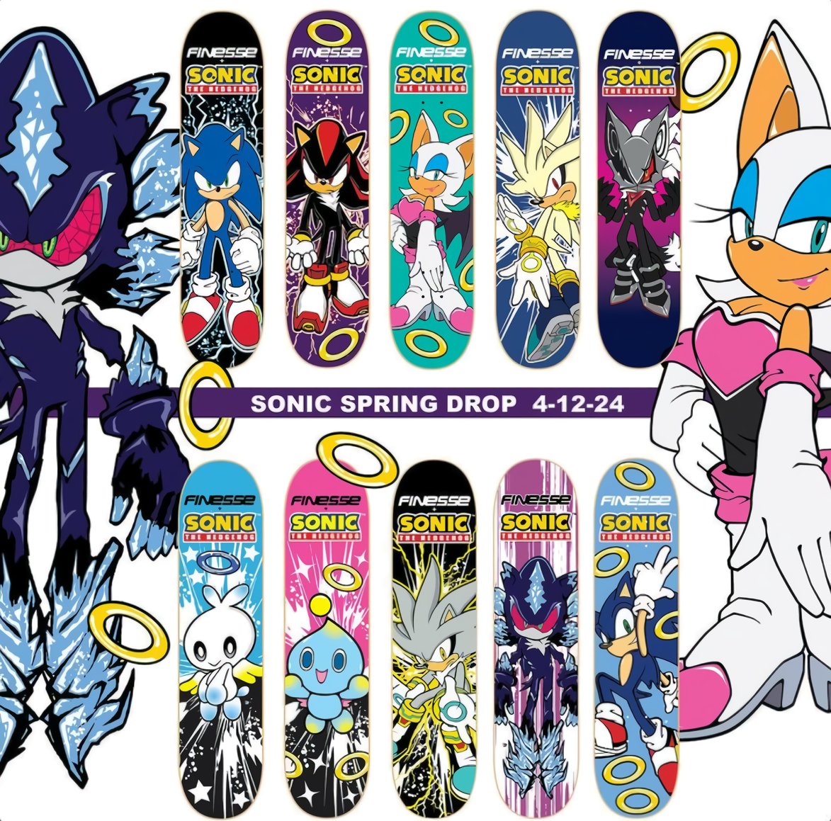 Sonic the Hedgehog x Finesse Skateboards Spring drop and restock is now live! bit.ly/3JLxi2P Skateboards feature Mephiles, Infinite, Rouge, Super Silver, Light/Neutral Chao, Shadow, Silver, and Sonic. $60-$75, USA Shipping Only