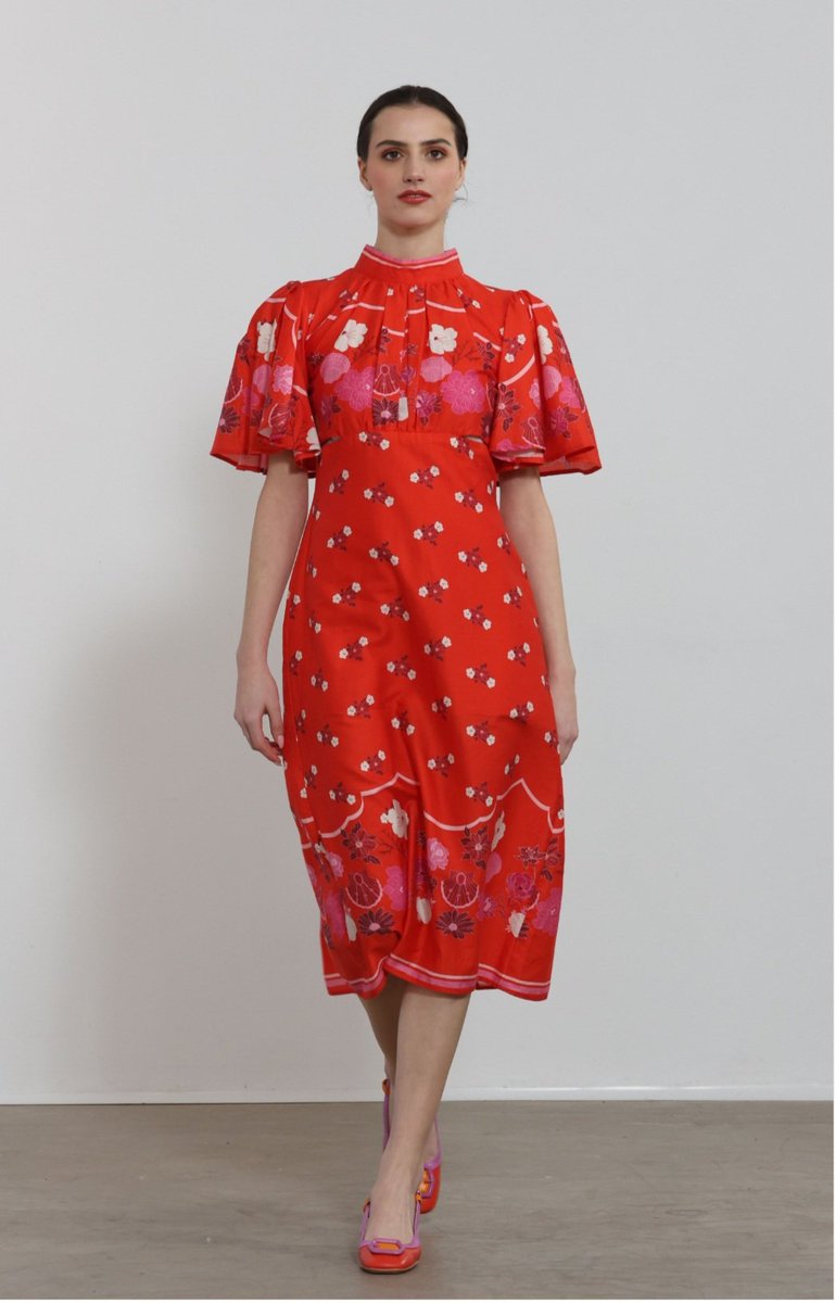 Summer Print Dress from #cobblerslane #irishfashion  #dress #reddress #printdress #redprintdress #occasionwear #dressforawedding #dressfortheraces  #slowfashion #sustainablefashion #madeinireland #Irishfashionart #cobblerslane #monicawalsh #Irishdesign #CIFD