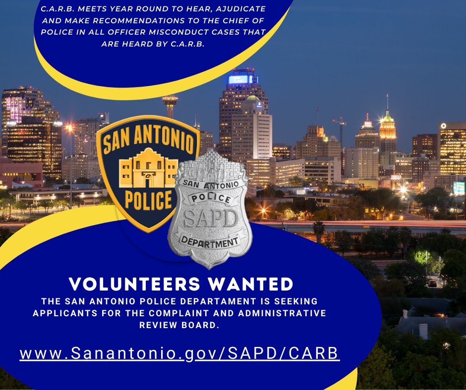 Neighbors this is your time to shine! ⭐️ @SATXPolice is searching for applicants for the Complaint and Adminstrative Review Board. There no better way to serve your community than with San Antonio's finest. Apply today: sa.gov/Directory/Depa…