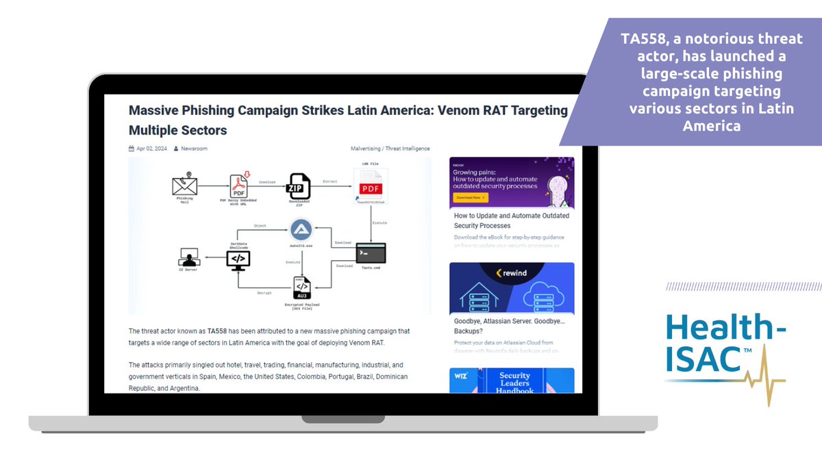 From Health-ISAC's Daily Cyber Headline: TA558, a notorious threat actor, has launched a large-scale #phishing campaign targeting various sectors in Latin America. The group uses DarkGate to establish an initial presence in the compromised network. thehackernews.com/2024/04/massiv…