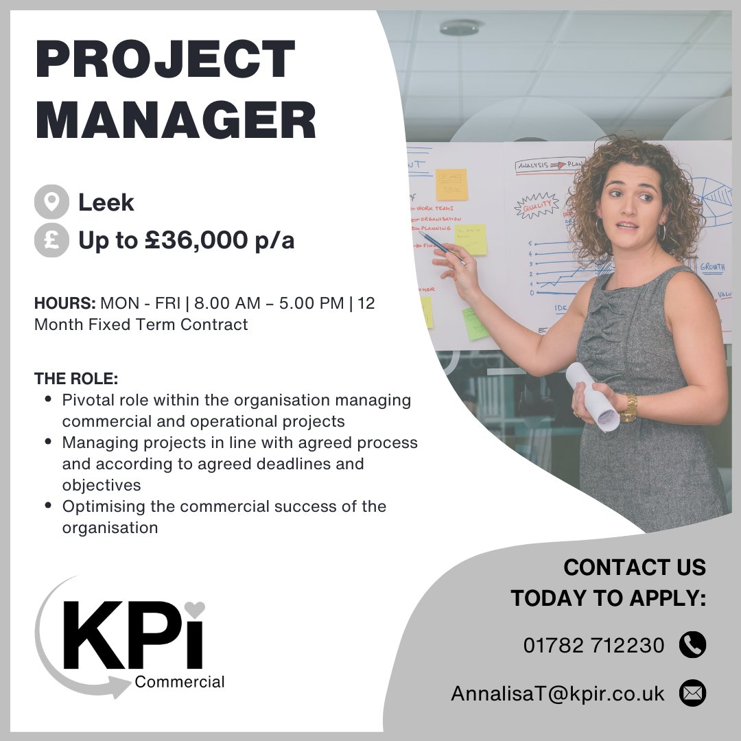 **PROJECT MANAGER** Leek. Up to £36,000 p/a

Call 01782 712230 or email AnnalisaT@kpir.co.uk to apply.

Visit bit.ly/PrMLee to find this job & MORE!

#ProjectManager #LeekJobs #StokeOnTrentJobs #StokeJobs #BiddulphJobs #CheadleJobs #JobSearch #KPIRecruiting