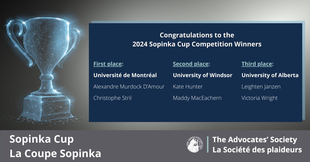 Congratulations to all of the teams across Canada who competed in the 26th Sopinka Cup Competition this year, & in particular to our winners Université de Montréal, @WindsorLaw and @UAlbertaLaw! Thank you to the @SCC_eng and @actl for your ongoing support of this important event.