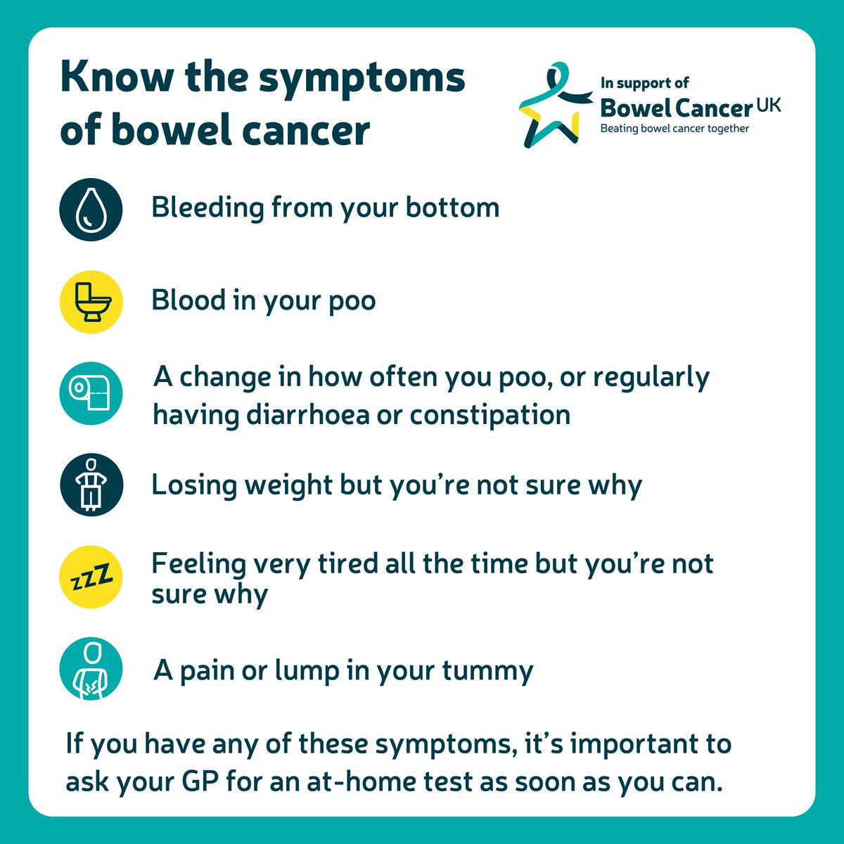 Healthwatch Stoke (@healthwatchsot) on Twitter photo This #BowelCancerAwarenessMonth, <a href="/bowelcanceruk/">Bowel Cancer UK</a> want you to know this #OneThing – the earlier bowel cancer is spotted, the more treatable it’s likely to be.
Learn more: bowelcanceruk.org.uk/about-bowel-ca… This #BowelCancerAwarenessMonth, <a href="/bowelcanceruk/">Bowel Cancer UK</a> want you to know this #OneThing – the earlier bowel cancer is spotted, the more treatable it’s likely to be.
Learn more: bowelcanceruk.org.uk/about-bowel-ca…