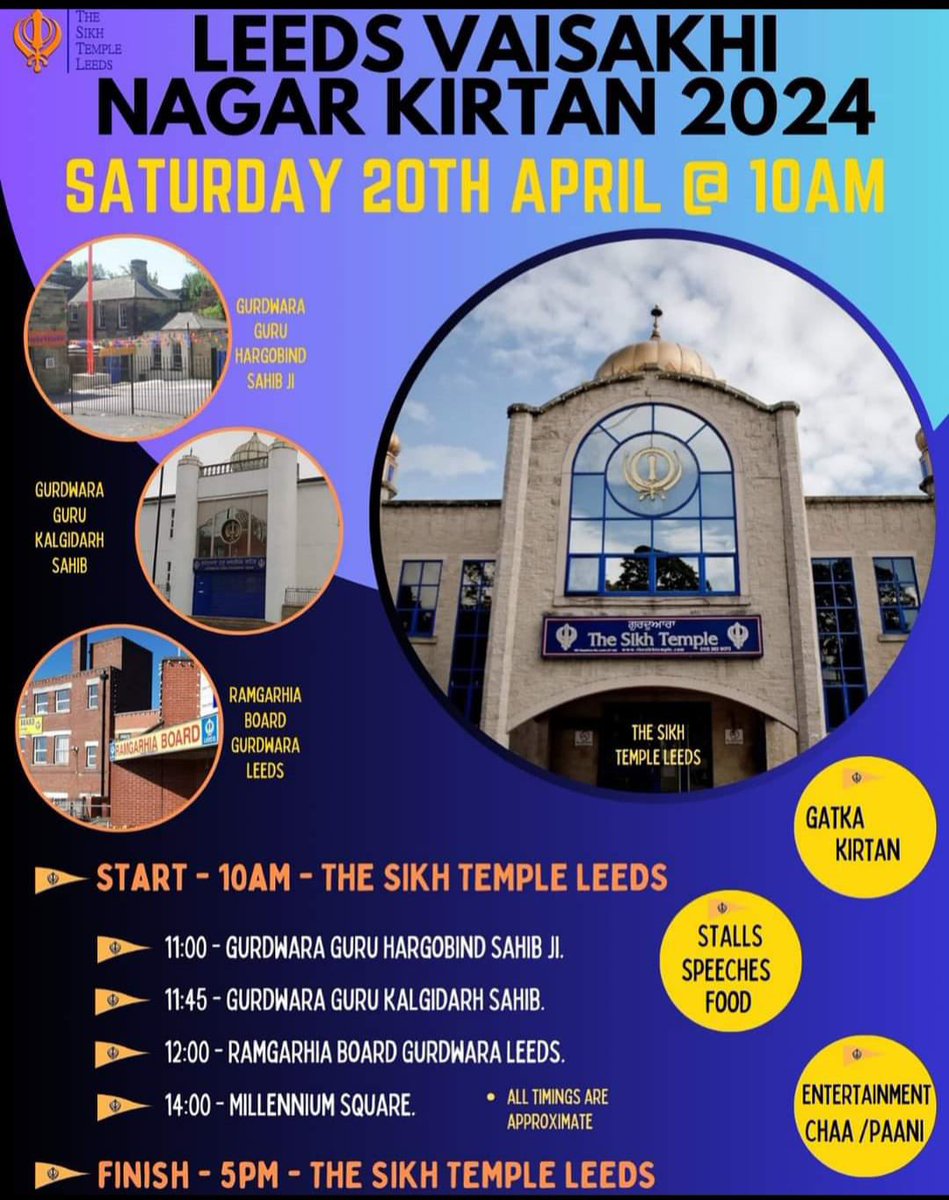 Vaisakhi Parade one of the most important events in the Sikh calendar, will takes place on Saturday, 20th April. Start 10.30 192 Chapeltown Road, LS7 4HZ End 13.30 Millennium Square There will be free food, music and martial arts displays until 3.30 pm Open to all 🙌