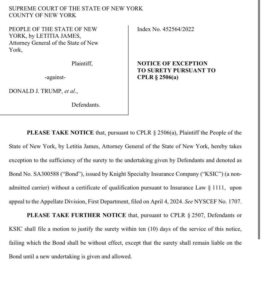 Donald Trump didn’t post cash for his bond.

In fact, AG Letitia James filed that the company who did, Knight Specialty Insurance Company, didn’t even bother giving them the certificate that they were even qualified to post it for him.

She’s now asking them to do so. Otherwise…
