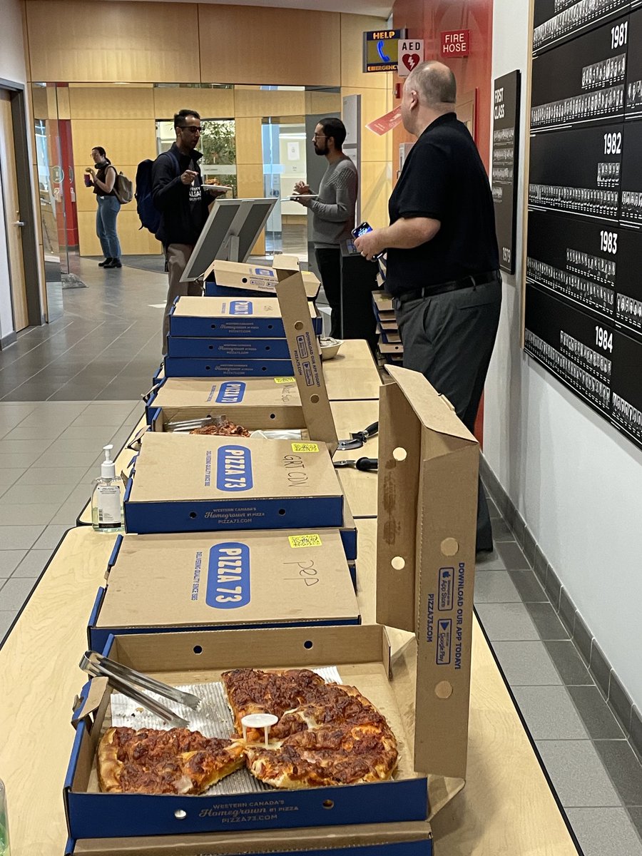 LawProfHolloway's tweet photo. The last day of classes in my last term as dean, and it’s snowing a blizzard outside. So what’s a fellow to do? Buy pizza for the whole student body, that’s what! Thanks to our wonderful ⁦@UCalgaryLaw⁩ students for another great year. I’m going to miss you! https://t.co/1i6WFahryd