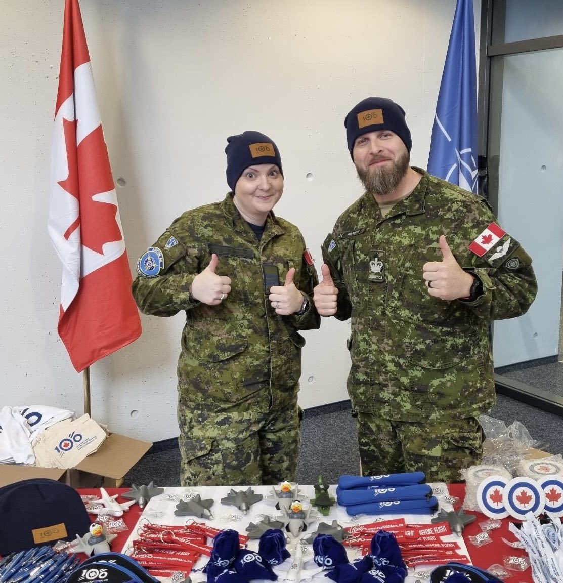 Prepping the swag table with the DCO at today’s NATO Air Chief’s Symposium to help celebrate the #RCAF100.

 I think the ducks piloting the CF18s were the hands-down fan favourite!