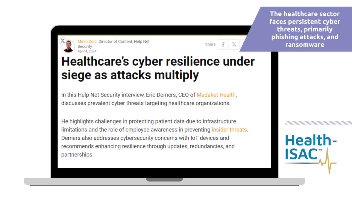 From Health-ISAC's Daily Cyber Headline: The #healthcare sector faces persistent cyber threats, primarily #phishing attacks, and #ransomware. Infrastructure limitations and numerous access points to data make healthcare systems vulnerable. helpnetsecurity.com/2024/04/04/eri…