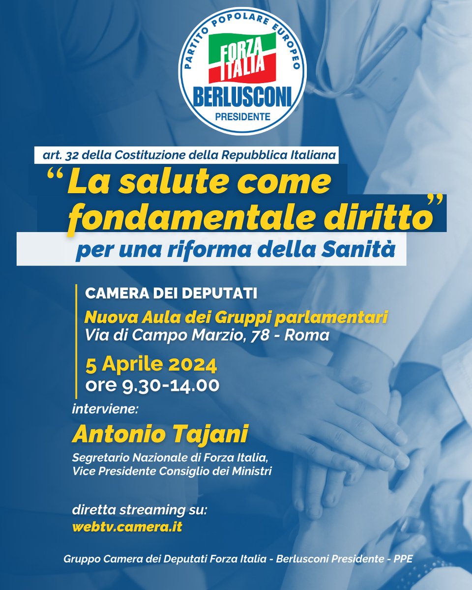 Domani allre ore 9:30 presso la Camera dei Deputati discuteremo di #Sanità, una priorità assoluta per Forza Italia, un diritto fondamentale per i cittadini.
