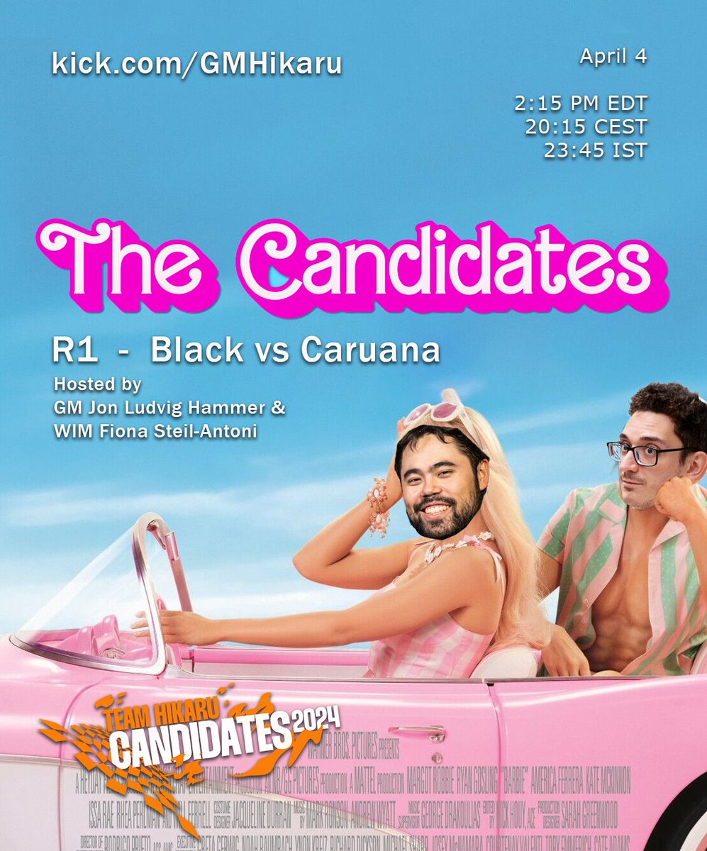 Ok. So it begins. I'm playing @FabianoCaruana with black today and you can watch this game and all the #FIDECandidates at kick.com/gmhikaru with @gmjlh and @fionchetta starting now. Tune in and don't forget your 🌻and 🍍emotes!