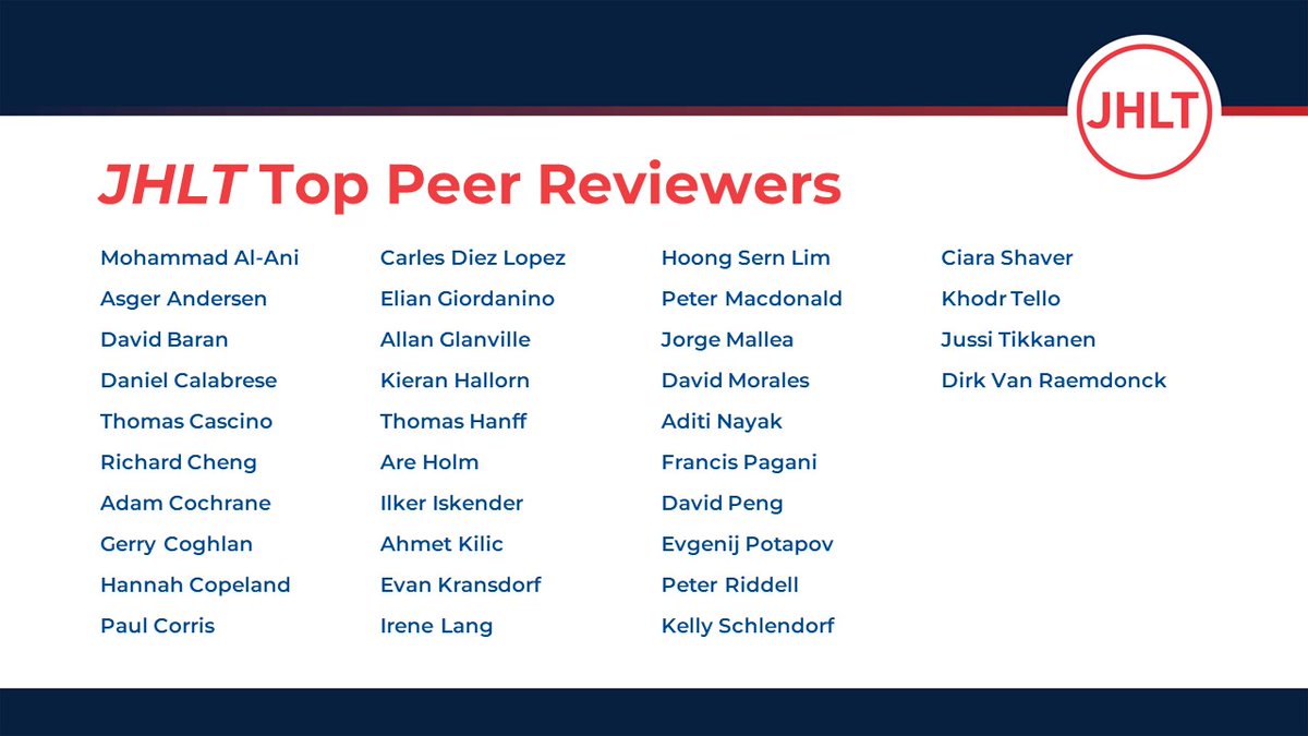 The editors of #JHLT are pleased and honored to announce the Journal's Top Reviewers for 2023. Thank you to all our reviewers who gave time and expertise in 2023 to review for the Journal.