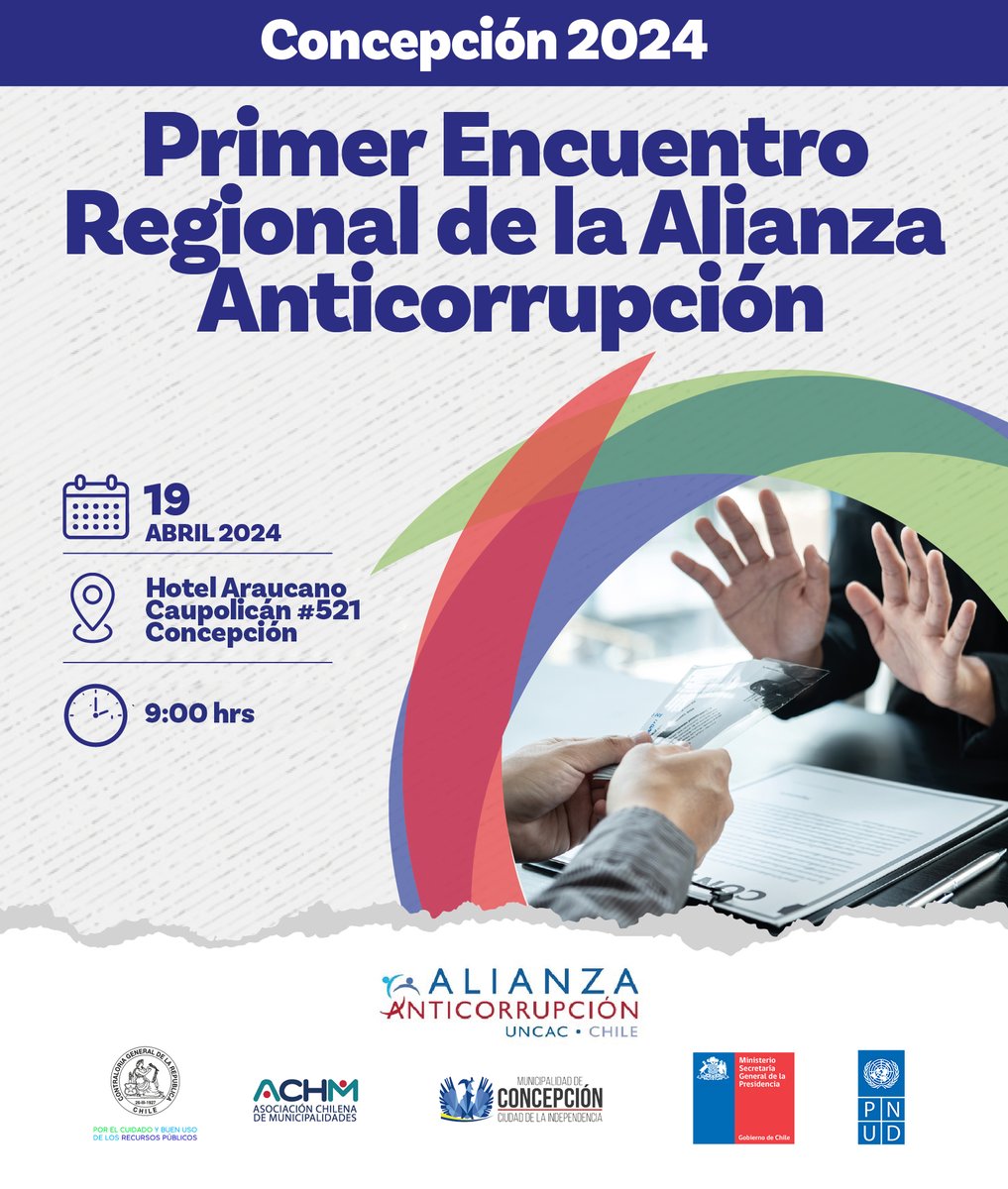AlianzaUNCAC's tweet photo. 📢Invitamos a participar en el Primer Encuentro Regional de la @AlianzaUNCAC , organizado con el apoyo de la @AChMChile y el @PNUDChile.
🗓️ 19 de abril de 2024 en Concepción.
👉 Inscripciones en https://t.co/ssJoZpvXKB
#encuentroregional #AAUNCAC #integridad #anticorrupcion https://t.co/obLgeycwJd