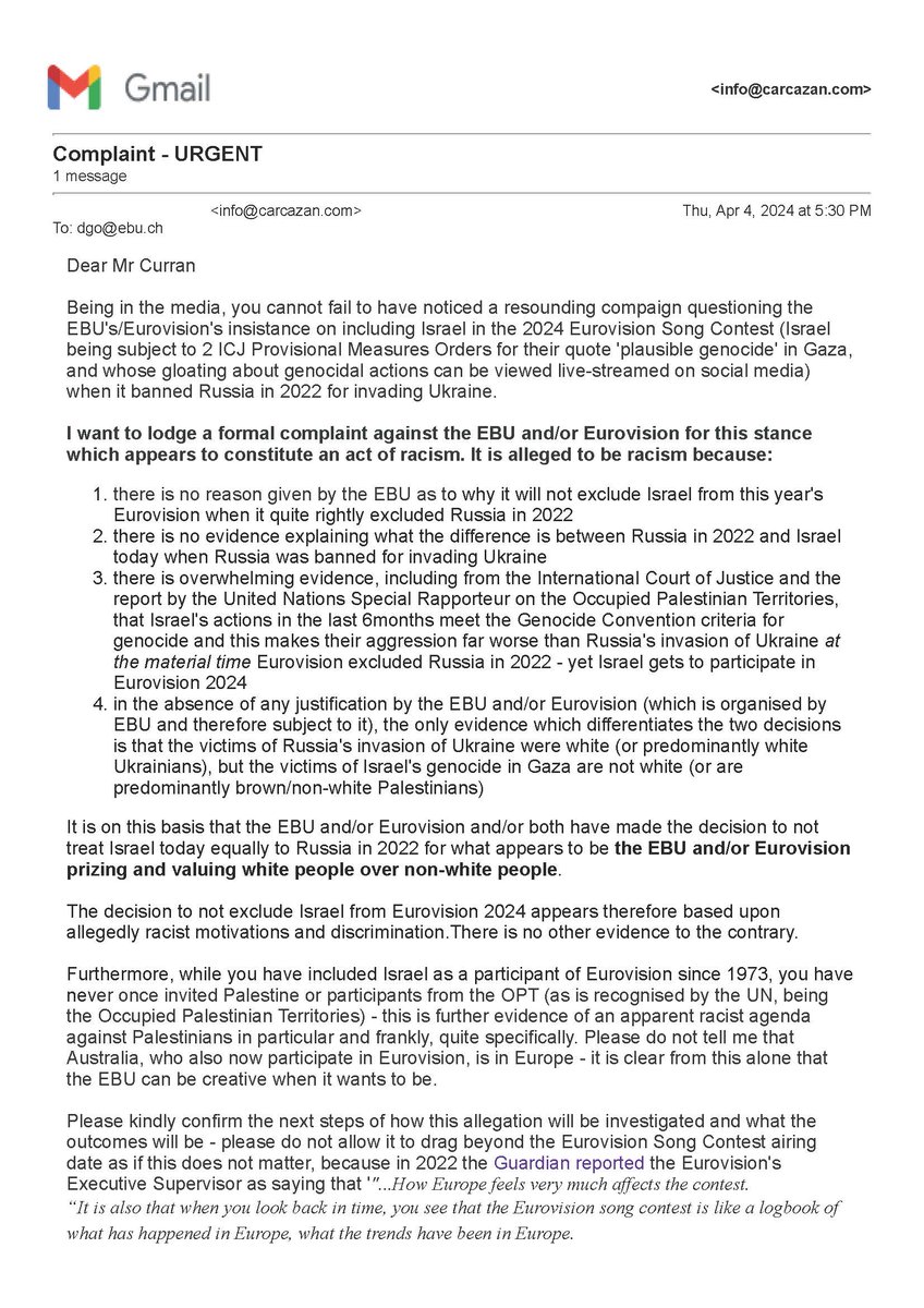Carcazan's tweet photo. Lodged a complaint with @EBU_HQ re @Eurovision 
asking if #racism plays part in decision making re #Eurovision2024 
Hope it's treated with the respect/love with which it is sent. I urge that fairness/justice prevail

@SholaMos1 @NesrineMalik @FranceskAlbs @ZahiraJaser @PSCupdates https://t.co/cn0dNWLgx4
