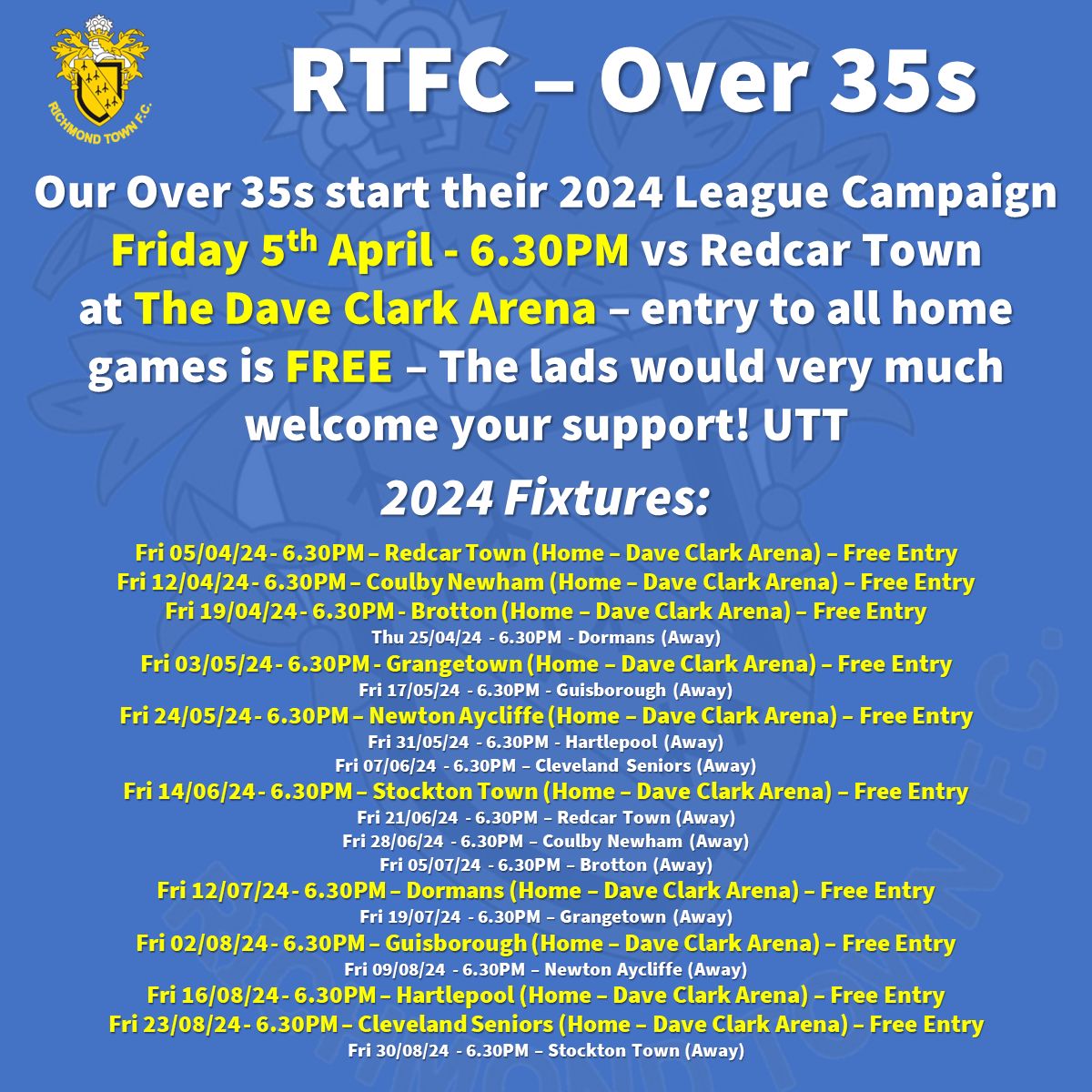 Our Over 35s start their 2024 League Campaign Friday 5th April 6.30pm vs Redcar Town at The Dave Clark Arena – entry to all home games is FREE – The lads would very much welcome your support! UTT