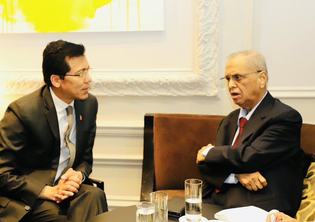 Delighted to meet with Mr. NR Narayana Murthy, Founder of Infosys &amp; apprise the priority being given &amp; progress made by Nepal in ICT sector. Appreciated his readiness to support for &amp; collaborate with Nepal in this imp. sector. Thank you Amb <a href="/ruchirakamboj/">Ruchira Kamboj</a> for this opportunity.