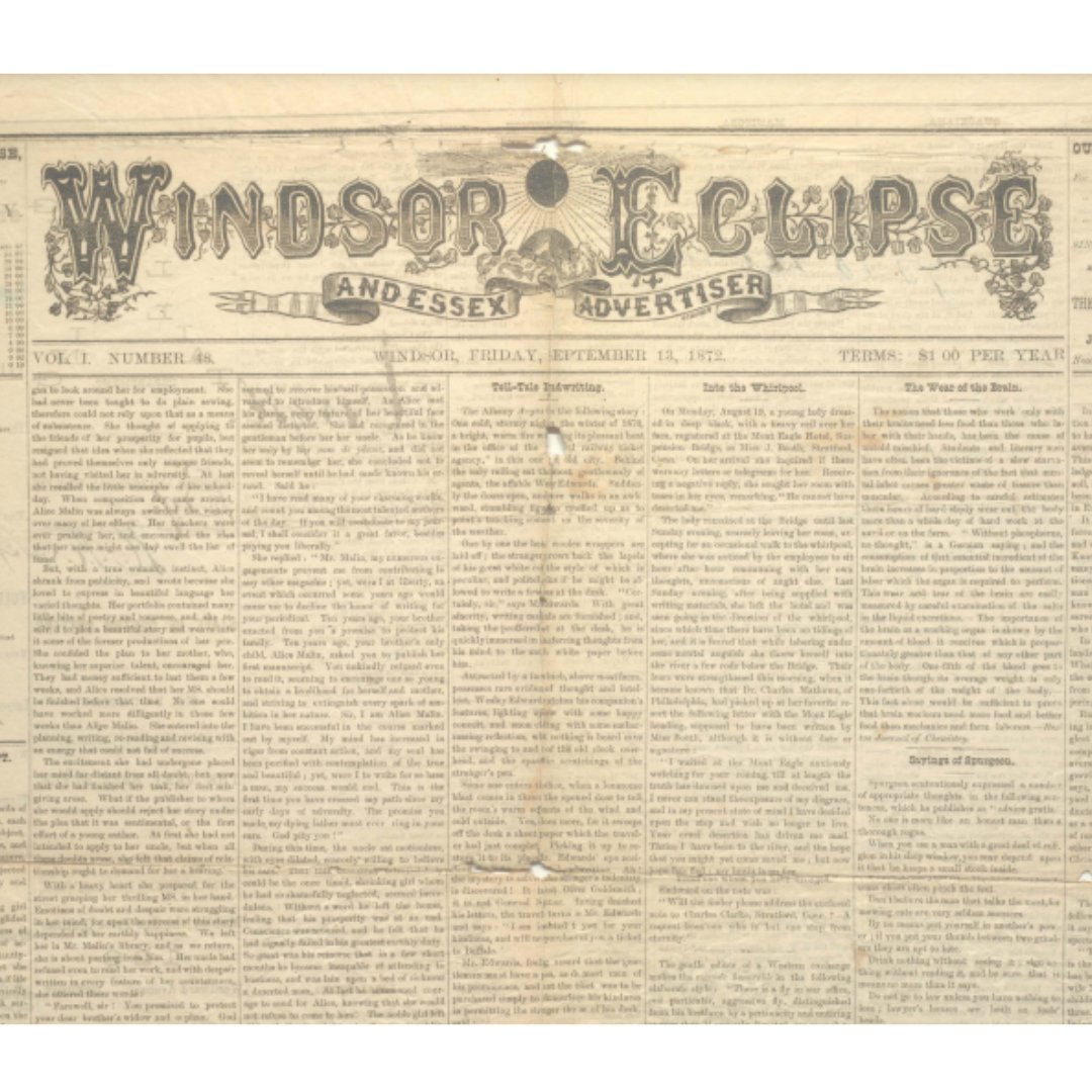 Throwback Thursday! The Windsor Eclipse and Essex Advertiser, a weekly newspaper from 1872 available in our #SWODA collection. View online: scholar.uwindsor.ca/essexcountyont… #TBT #SWODA #YQG