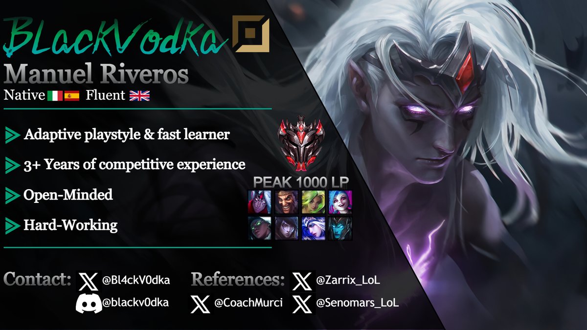 Hello, I'm LFT for Summer 2024, interested in ERL 1/2.

Despite of my recent results in Liga Nexo I'm happy with the progress I made and I'm ready to prove my value in tryouts.

Leaguepedia and Lolpros links below, can provide POV's on request.

RT's &amp; Likes are appreciated ❤️