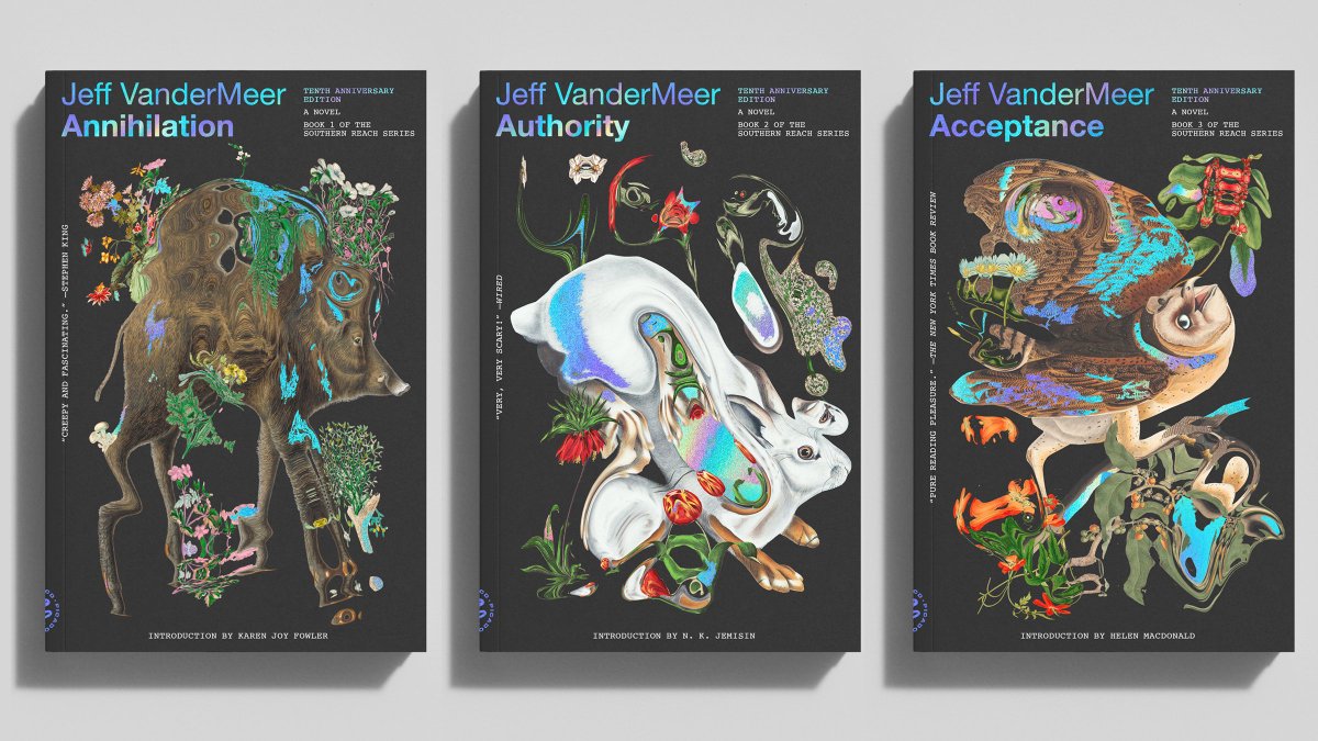 As for the Southern Reach reissues, just look at them!! I have nothing to say except I'm so thrilled by Pablo Delcan's art and the great introductions by Karen Joy Fowler, @nkjemisin, and @HelenJMacdonald. Worth it for the intros alone. Out July 30. 4/?