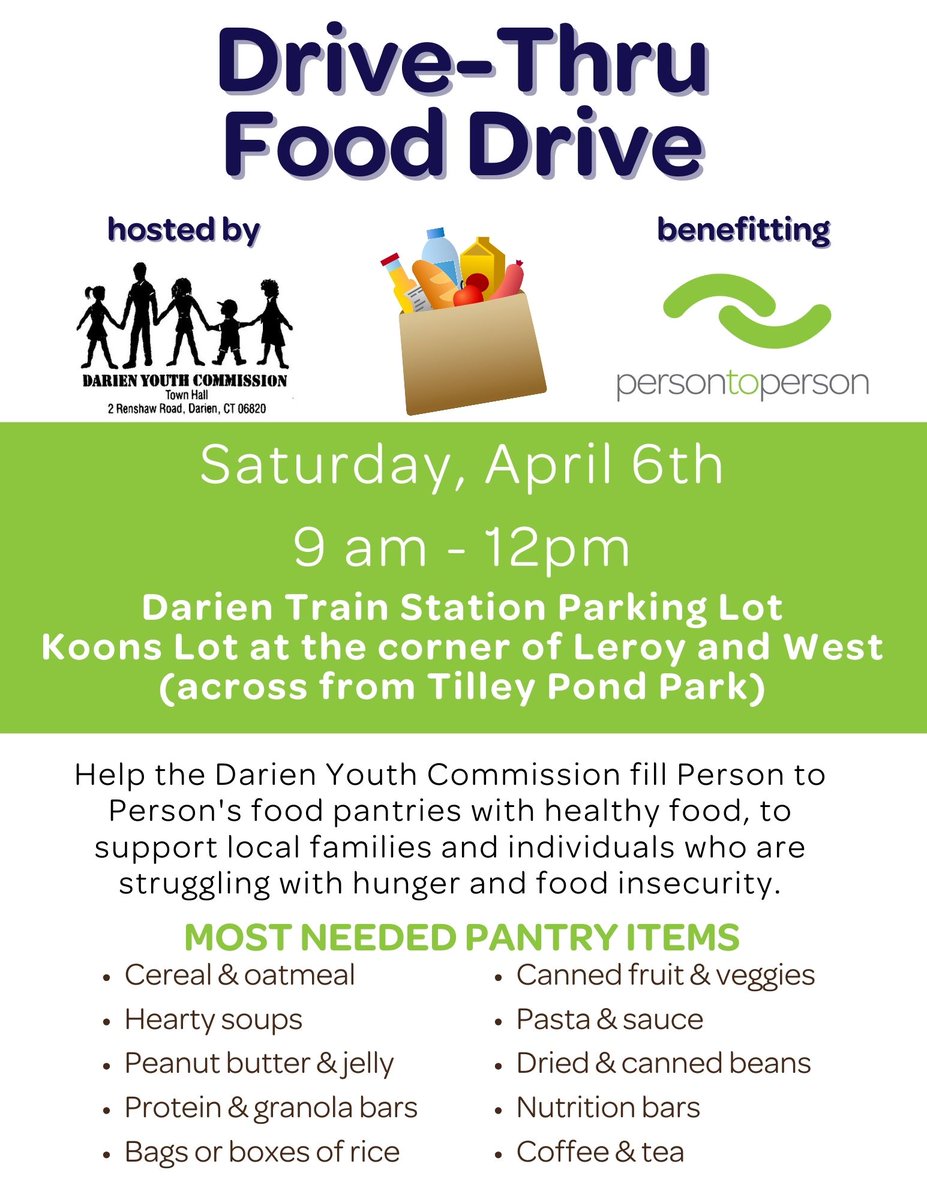 Help the Darien Youth Commission fill Person-to-Person's food pantries with healthy food to support local families and individuals who are struggling with hunger and food insecurity. #darien #darienct #livedarien #fairfieldcounty #shoplocal #shopdarien #localfooddrive