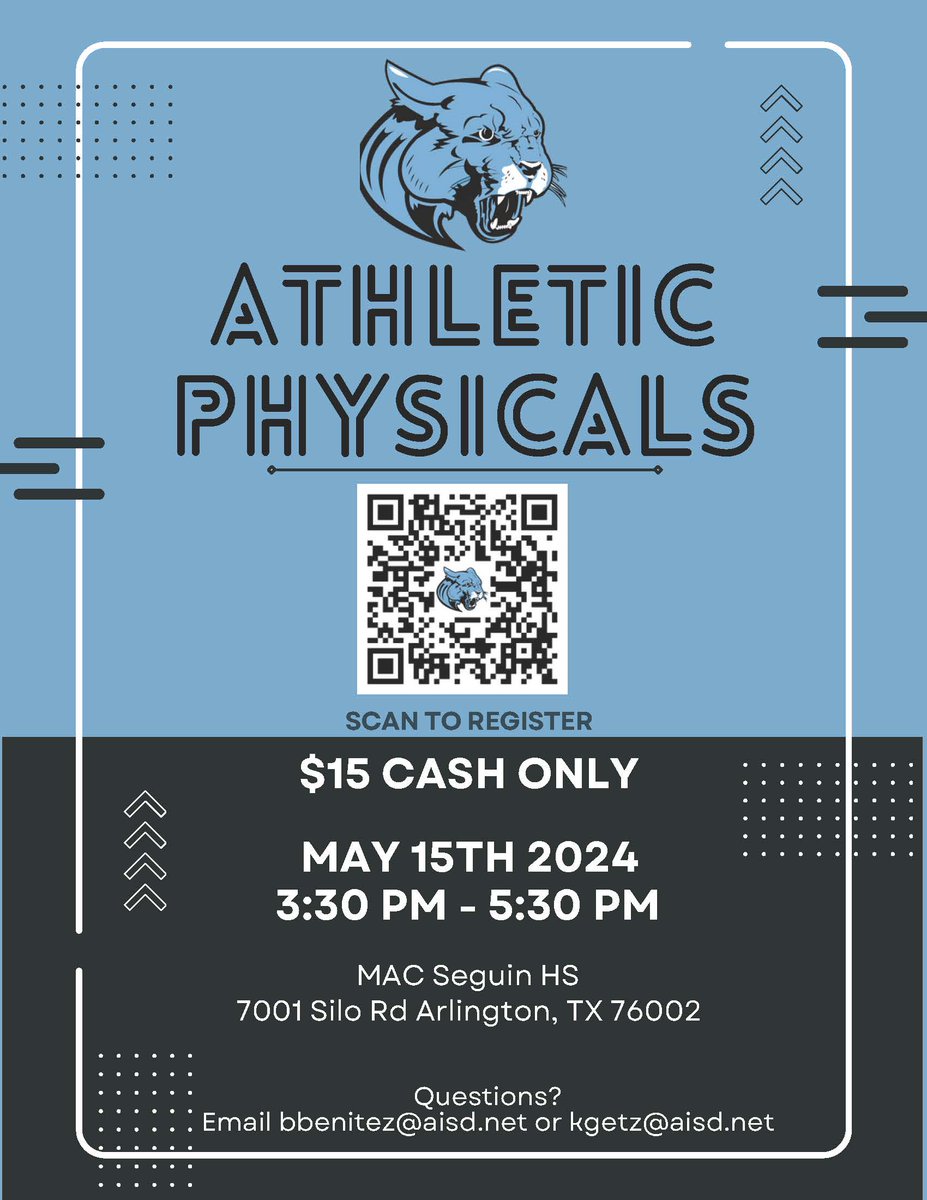 Save the date Cougs! 🗓️🩺 '24-'25 Sports Physicals @JuanSeguinHS on 5/15 Scan the QR code to register!