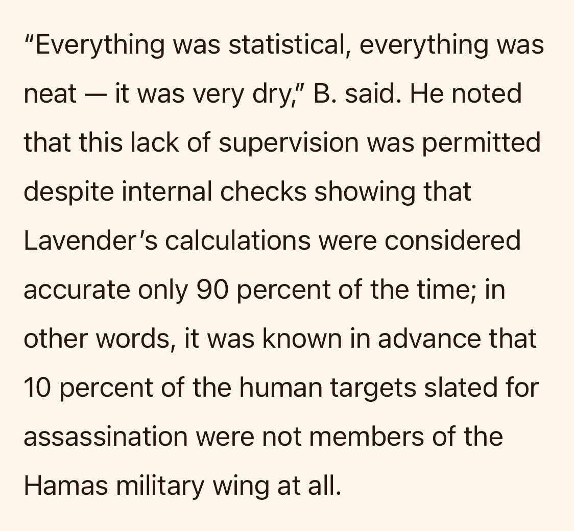 From many things in @972mag article on the AI killing machine deployed by the IDF in Gaza, this detail is just 🤯. If Auschwitz as a well-functioning de-personalized killing factory was the apex of “Western civilization,” Lavender has a similar relationship to “startup” mythology